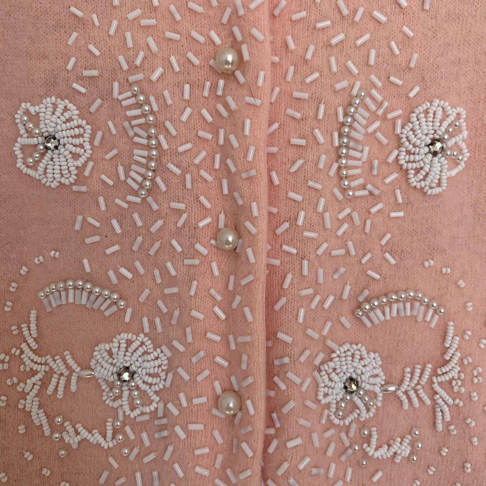 Vintage 1950's Pink Angora Nylon Wool Beaded Rhinestone Pearl Pinup Sweater